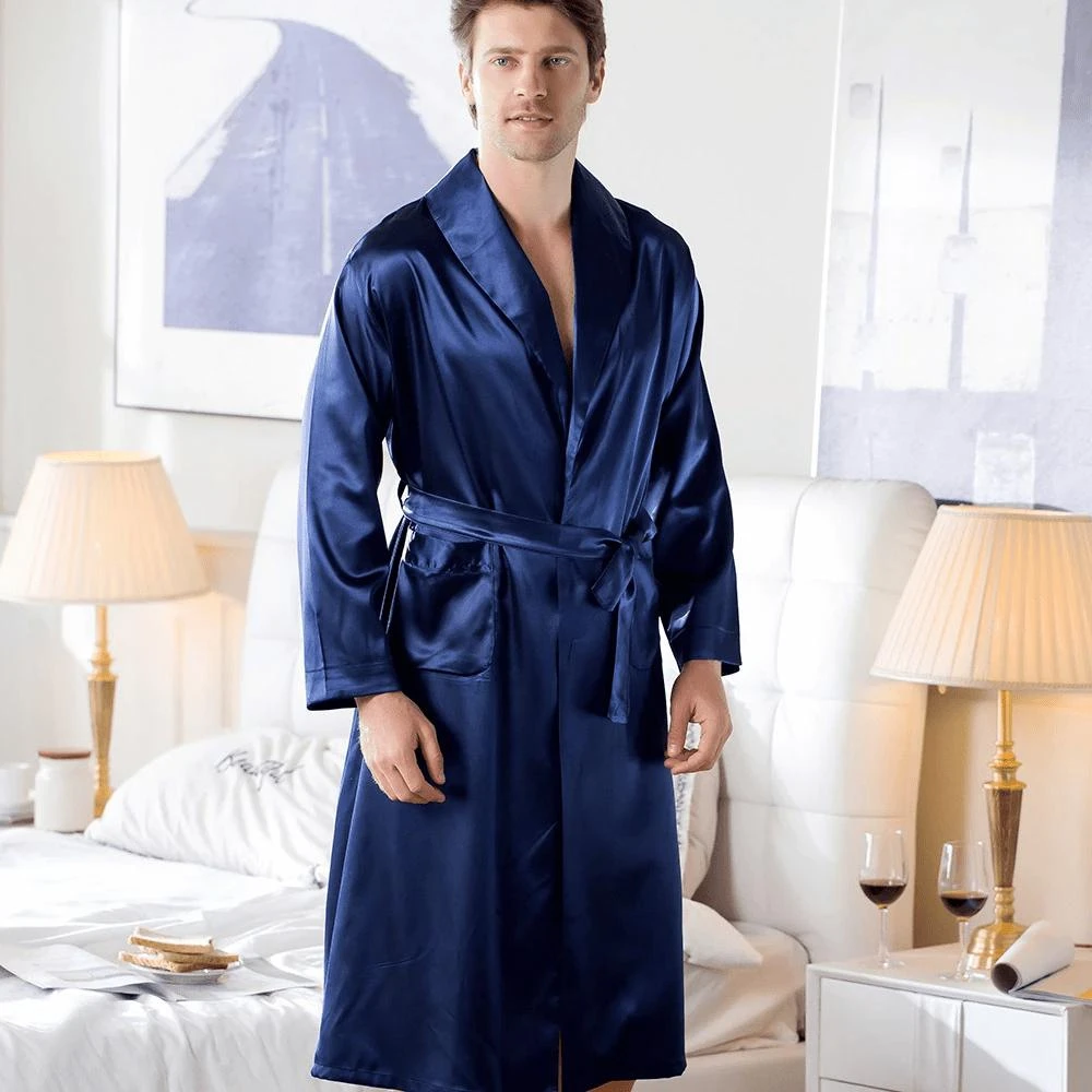Peignoir Satin Homme Bleu Marine – Image 3