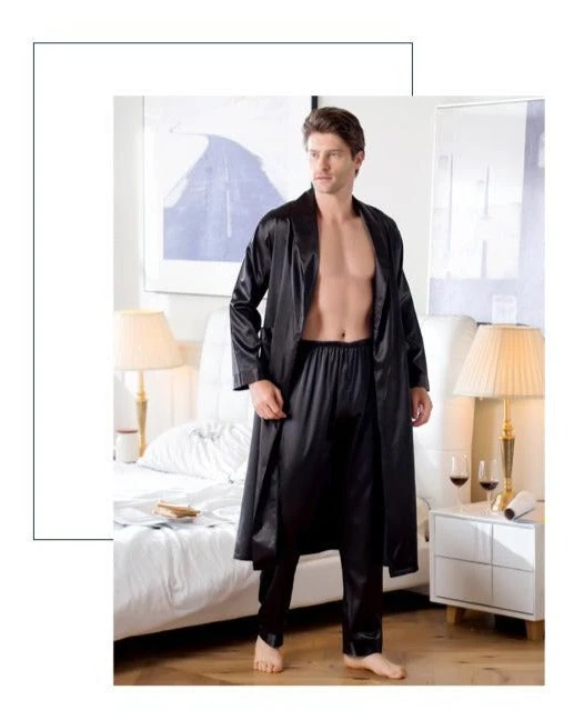 Peignoir Satin Homme Noir Simple – Image 3