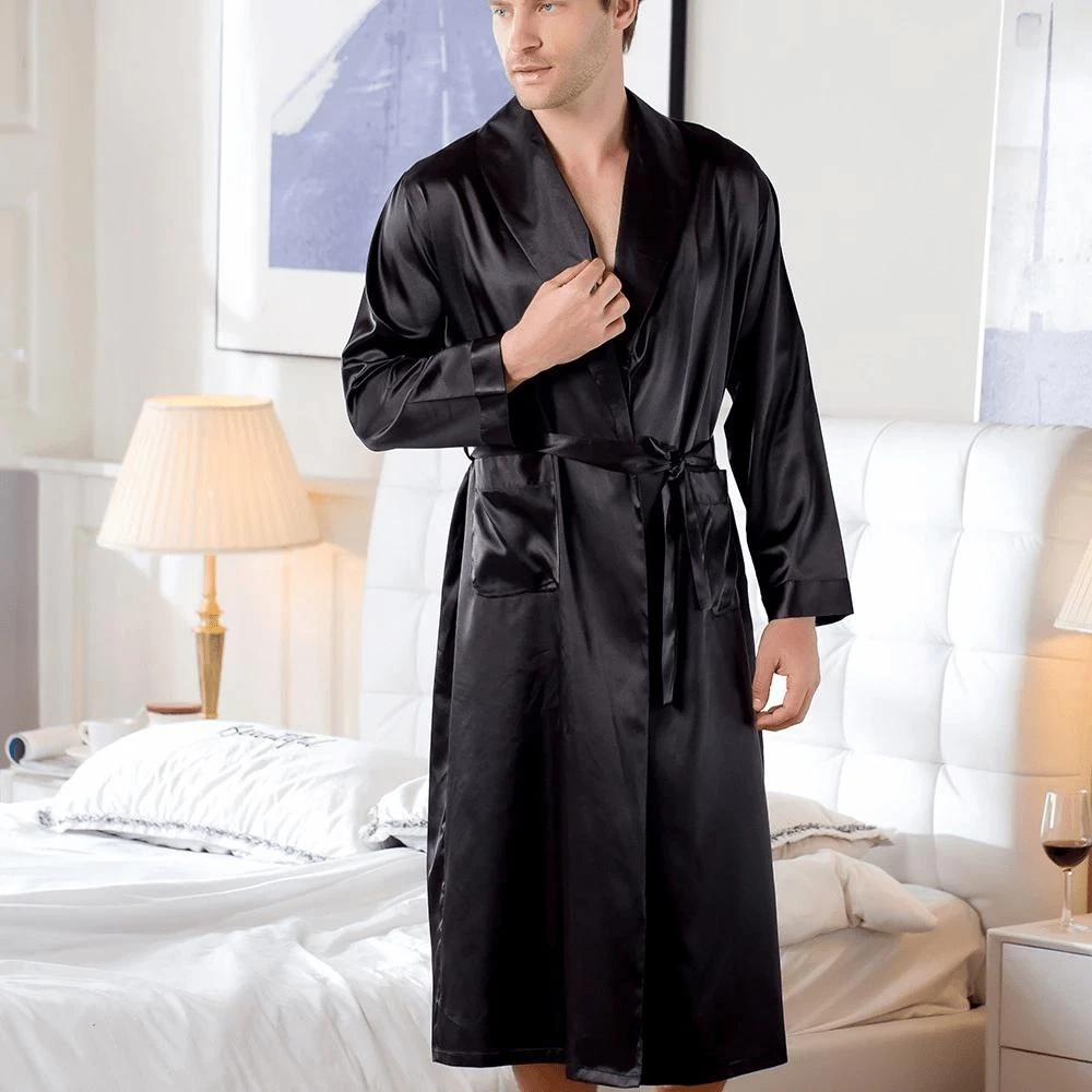 Peignoir Satin Homme Noir Simple – Image 5