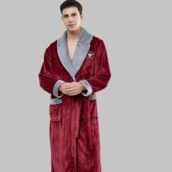 Peignoir Homme En Polaire Rouge Et Gris