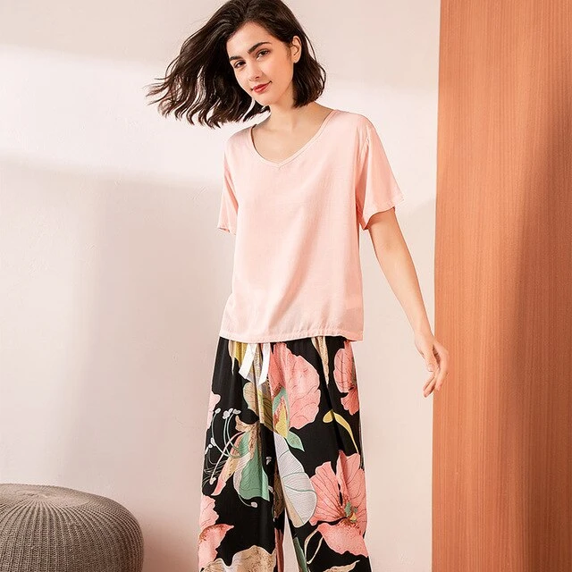 Pyjama Satin Fleuri Rose-Clair