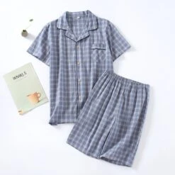 Pyjashort à Carreaux Bleu Gris